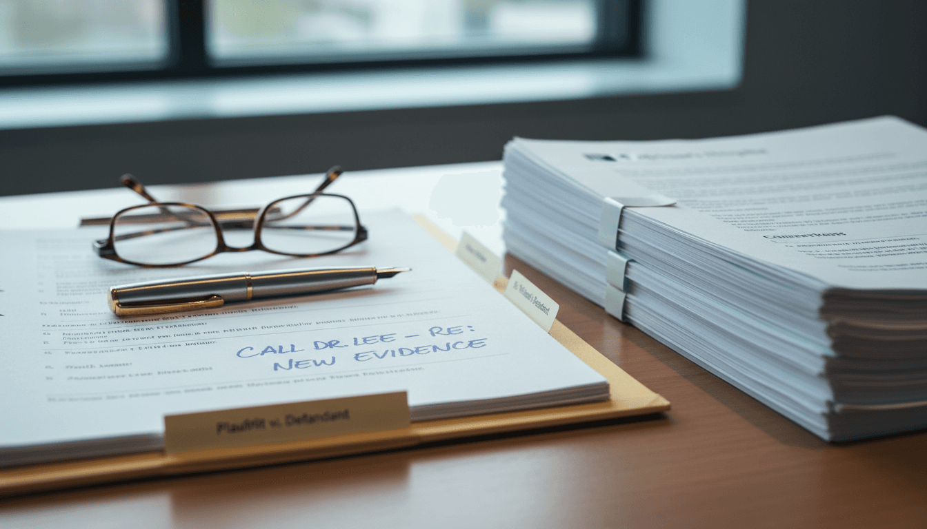 Open file folder with medical documents on desk