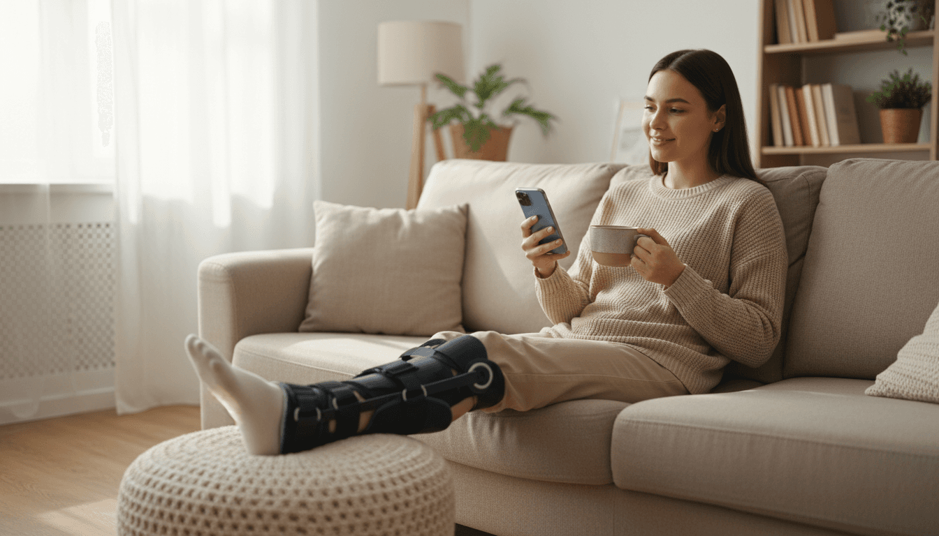 Woman resting leg with brace in living room
