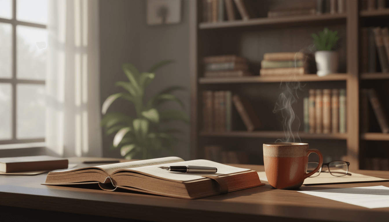 Lawyer's desk with notebook and coffee in a warm, comfortable office setting
