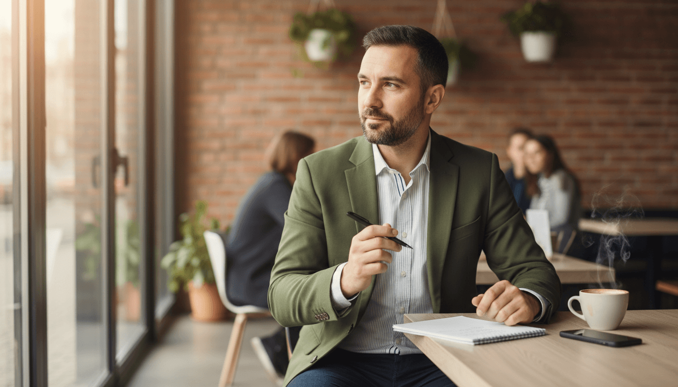 Man reviewing legal papers in coffee shop
