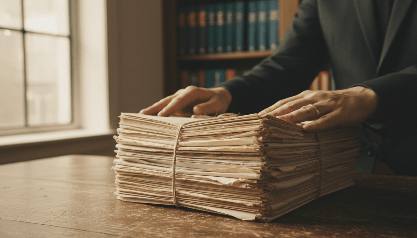 Stack of manila case files on a lawyer's desk with worn edges and warm natural light
