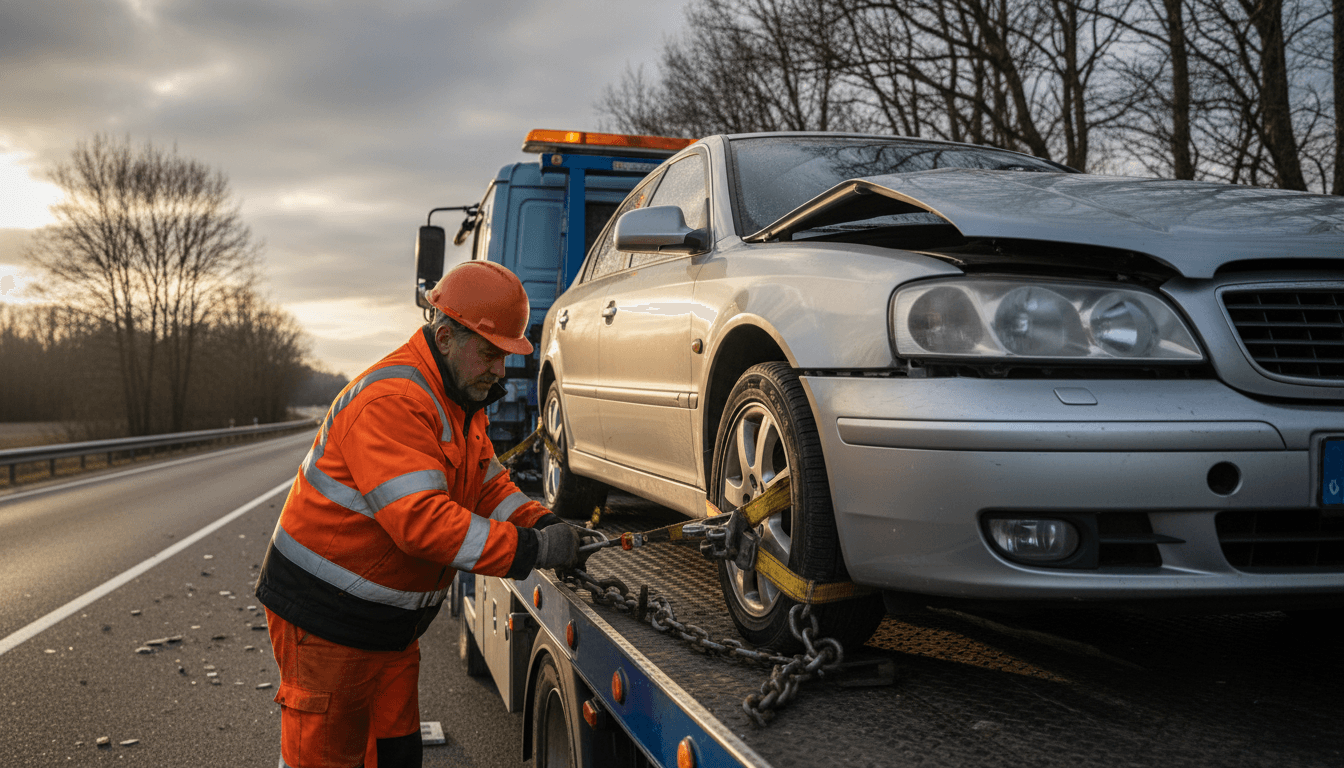 Professional tow truck operator securing damaged sedan to flatbed tow truck during roadside recovery operation